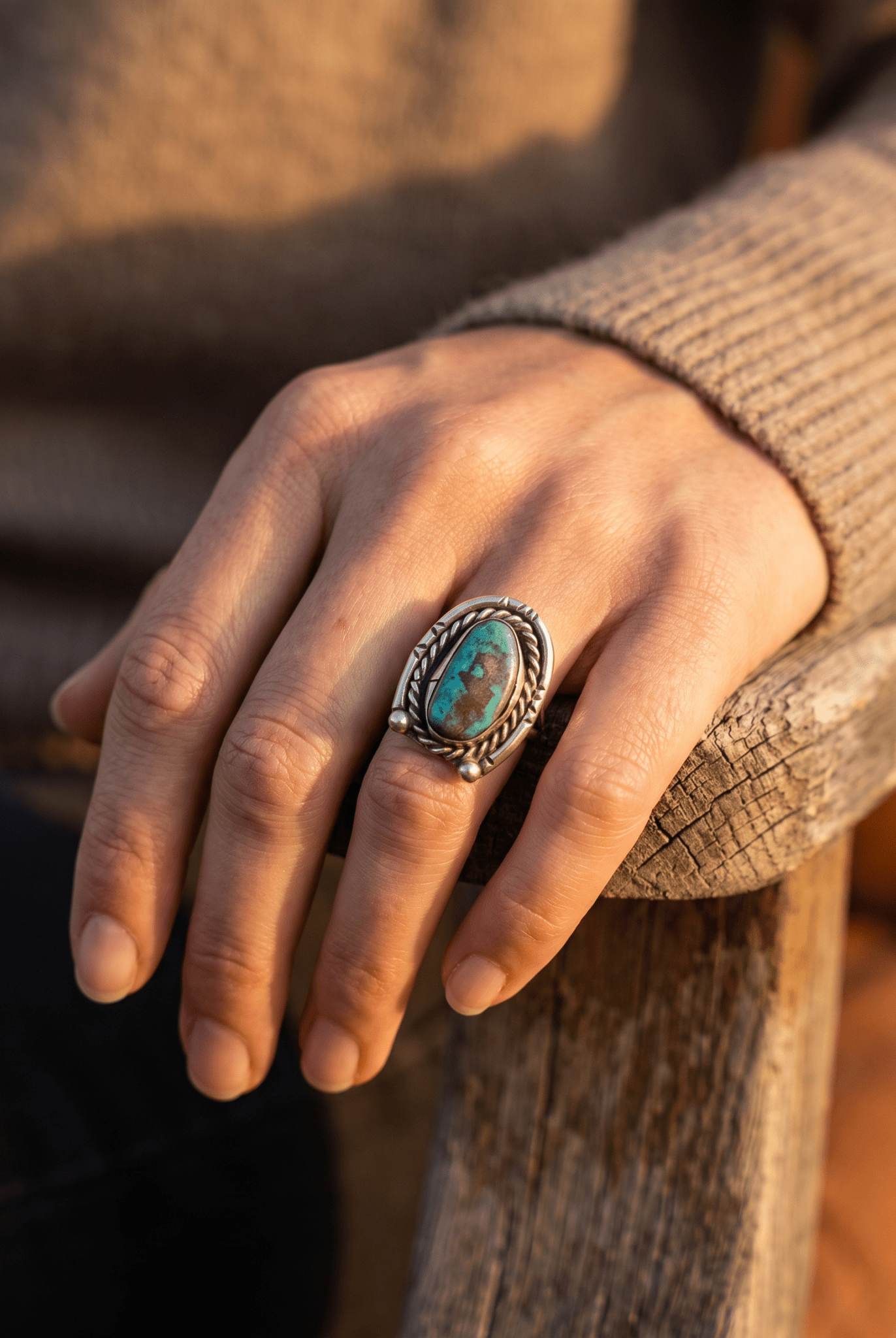 Turquoise & Sterling Silver Horseshoe-Shape Ring — Size 6 - Cowhide and Conchos