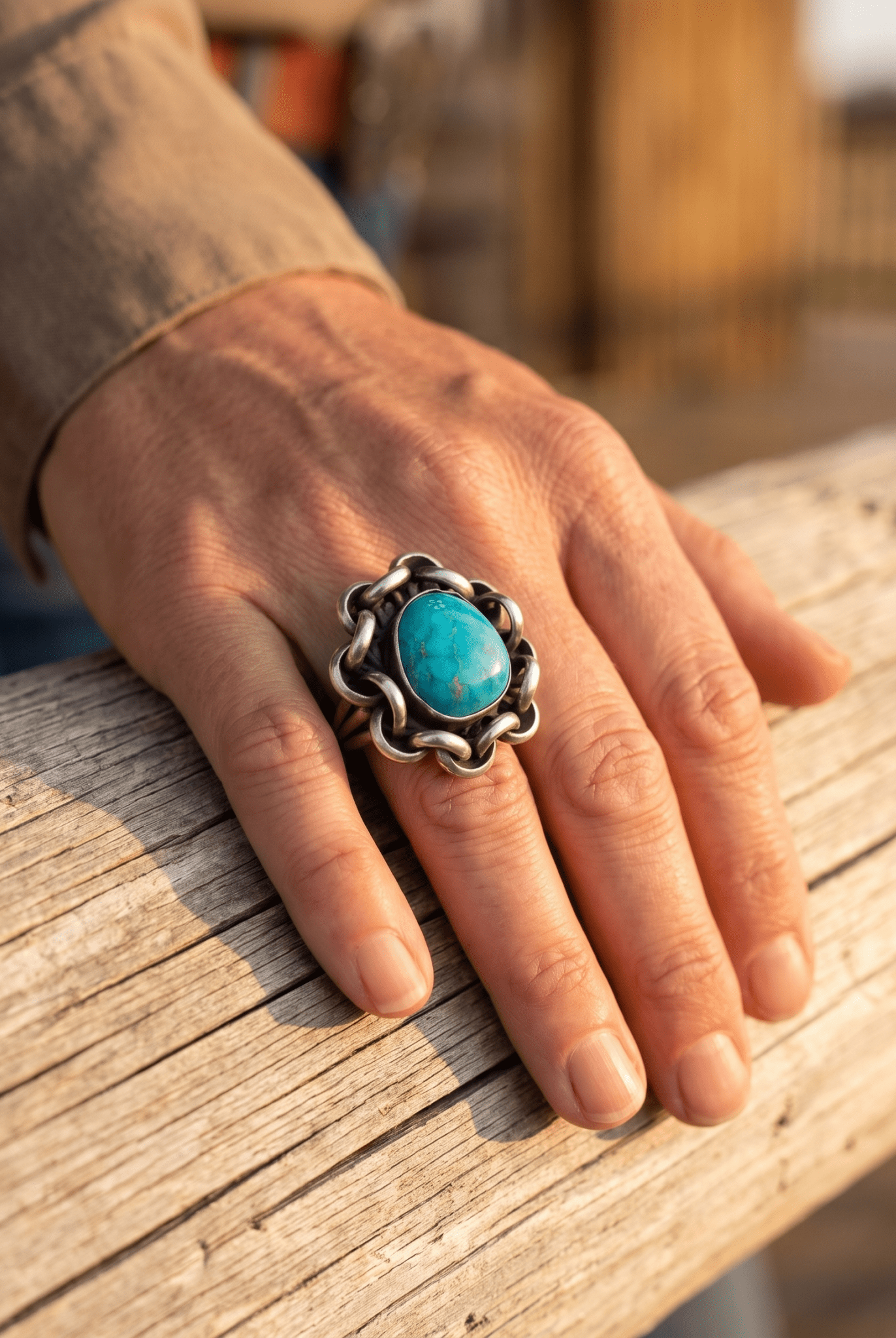 Turquoise & Sterling Silver Links Ring — Size 11 - Cowhide and Conchos