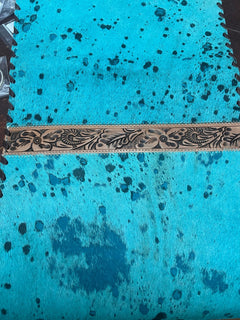 Turquoise & Tooled Cowhide Table Runner - Cowhide and Conchos
