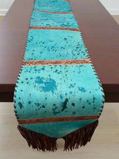 Turquoise & Tooled Cowhide Table Runner - Cowhide and Conchos