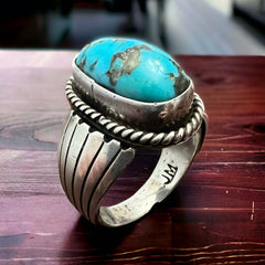 Turquoise Wide Sterling Band Ring - Size 9.5 - Cowhide and Conchos