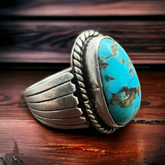 Turquoise Wide Sterling Band Ring - Size 9.5 - Cowhide and Conchos