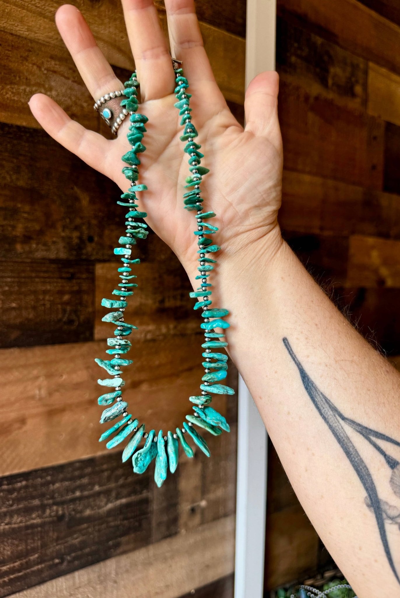 Turquoise with 3 mm Sterling Silver Pearls - 18 inch - Cowhide and Conchos