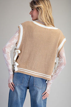 V - neck Side Tie Sleeveless Sweater Top - Cowhide and Conchos