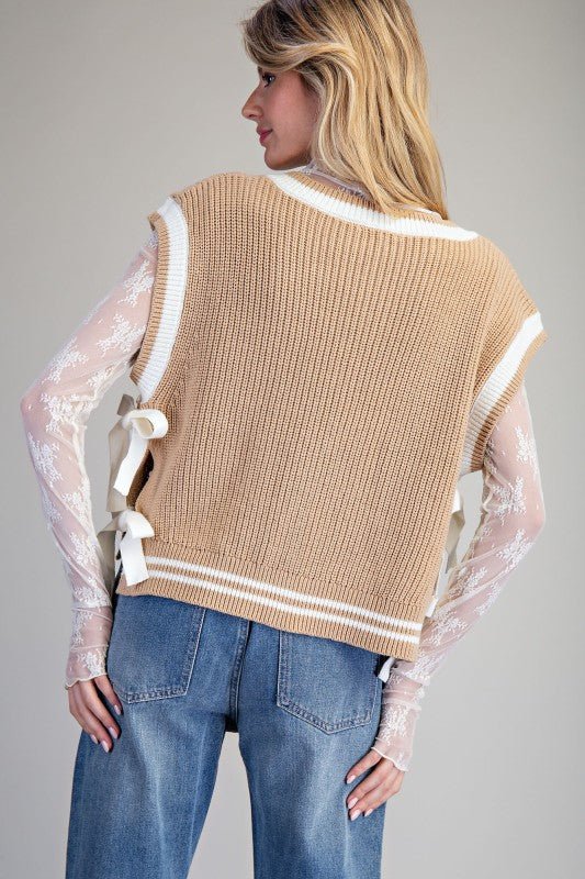 V - neck Side Tie Sleeveless Sweater Top - Cowhide and Conchos