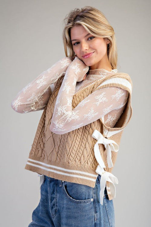 V - neck Side Tie Sleeveless Sweater Top - Cowhide and Conchos