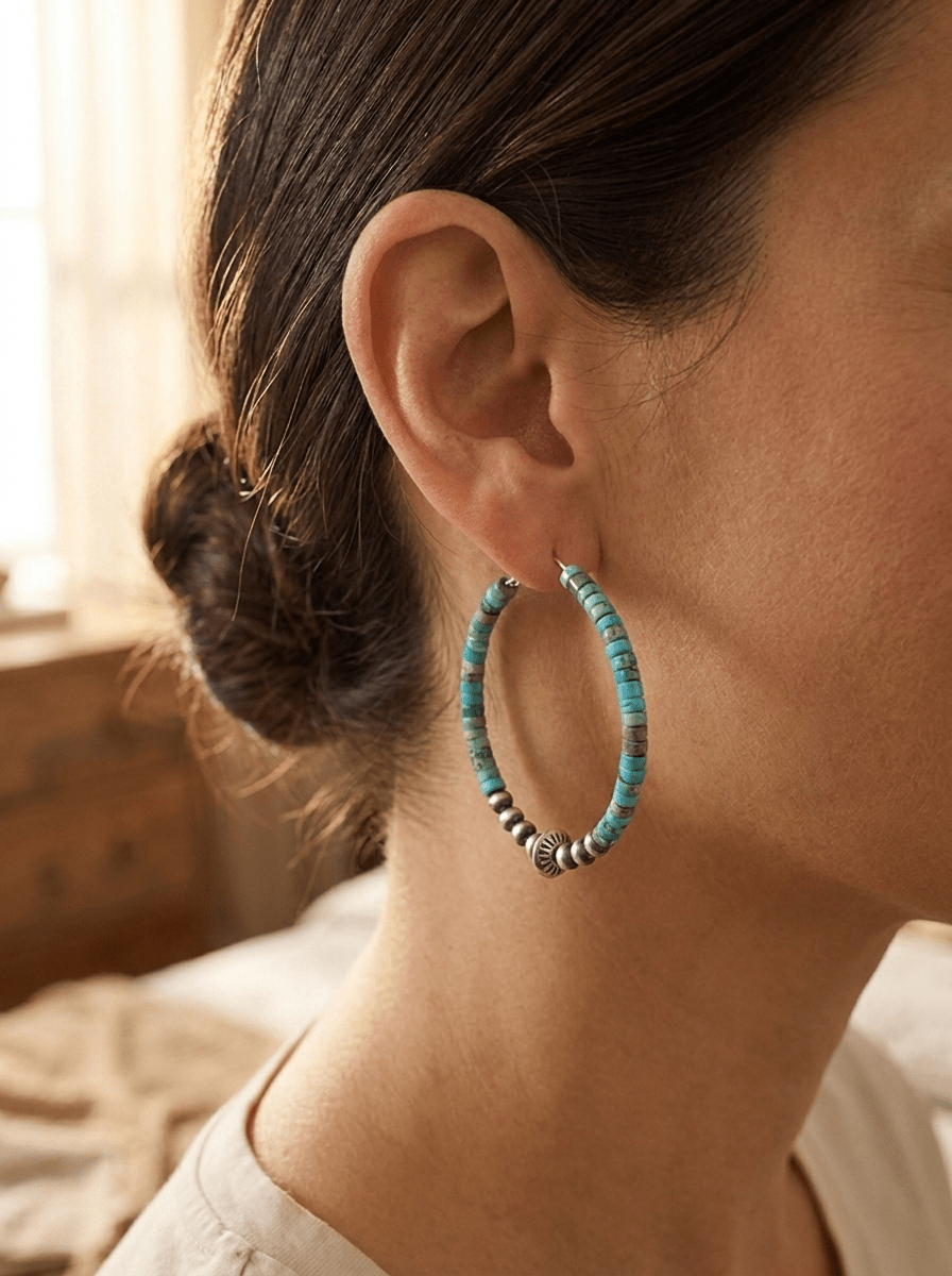 Variscite Turquoise Hoop Earrings with Sterling Pearl & Saucer - Cowhide and Conchos
