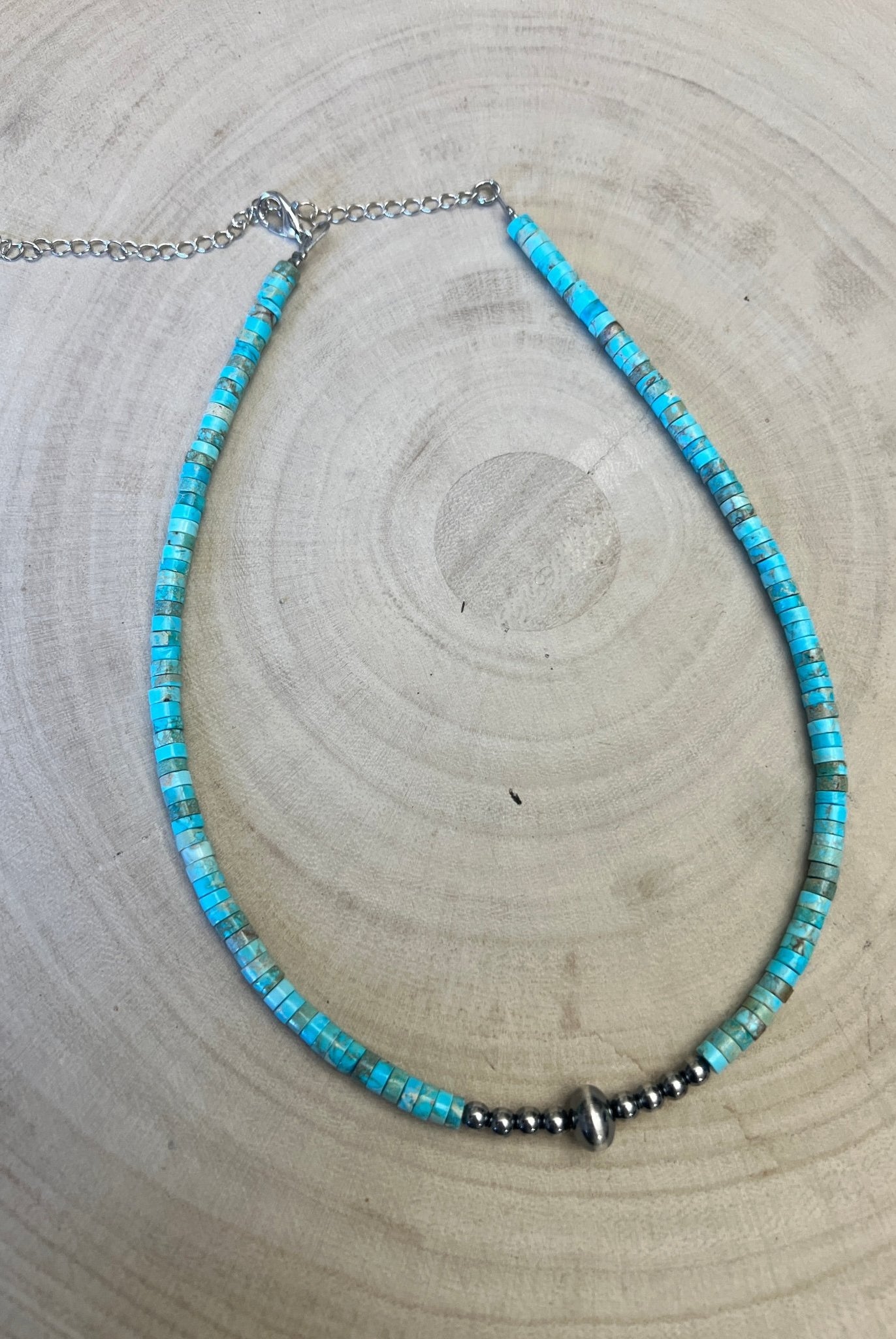 Variscite Turquoise & Sterling Silver Pearls and Saucer Bead Choker (14 - 17") - Cowhide and Conchos