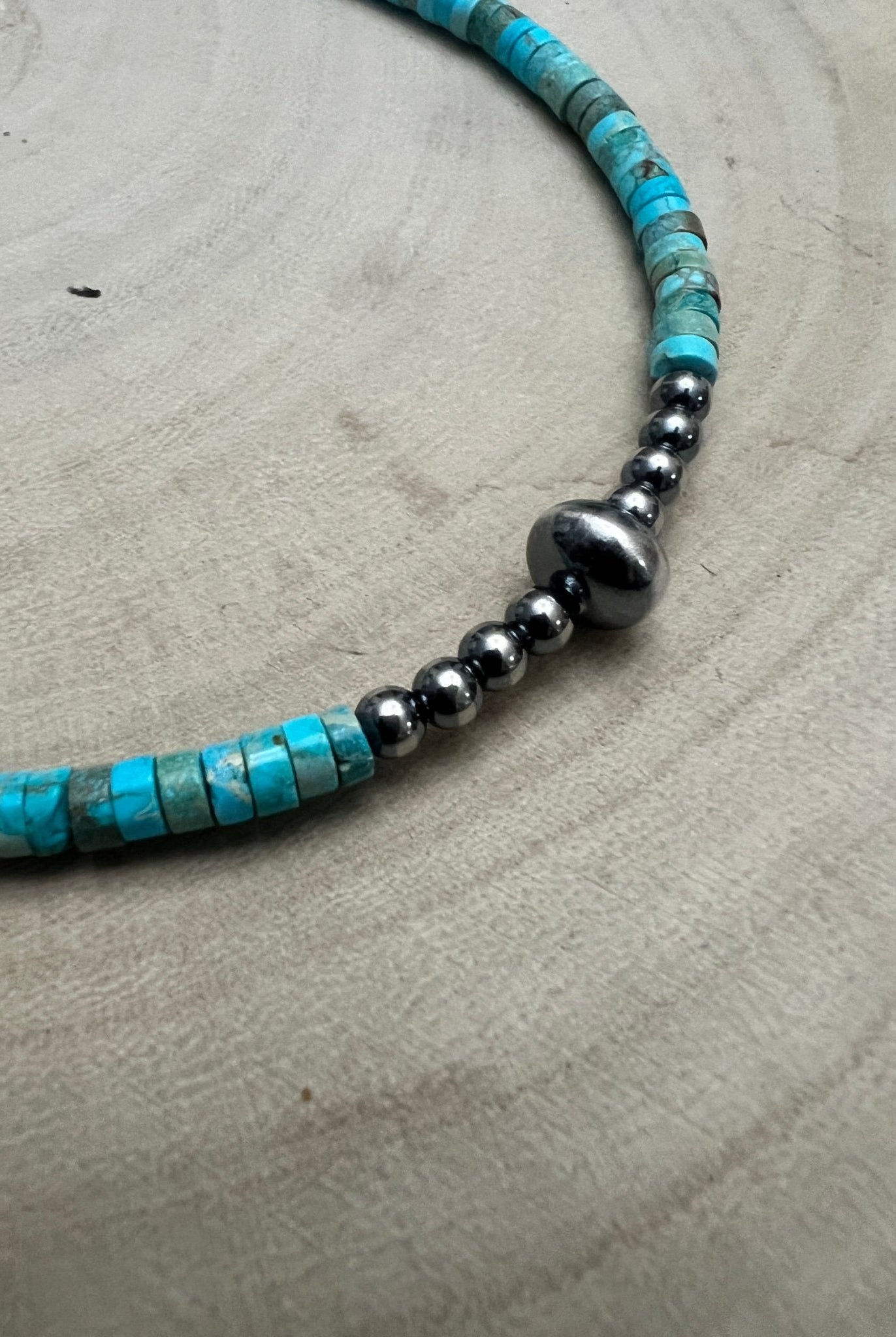 Variscite Turquoise & Sterling Silver Pearls and Saucer Bead Choker (14 - 17") - Cowhide and Conchos