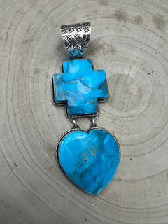 Very Large Bleeding Heart Turquoise Stone Pendant - Cowhide and Conchos