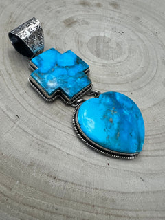 Very Large Bleeding Heart Turquoise Stone Pendant - Cowhide and Conchos