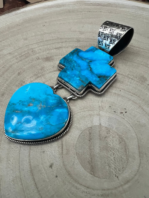 Very Large Bleeding Heart Turquoise Stone Pendant - Cowhide and Conchos