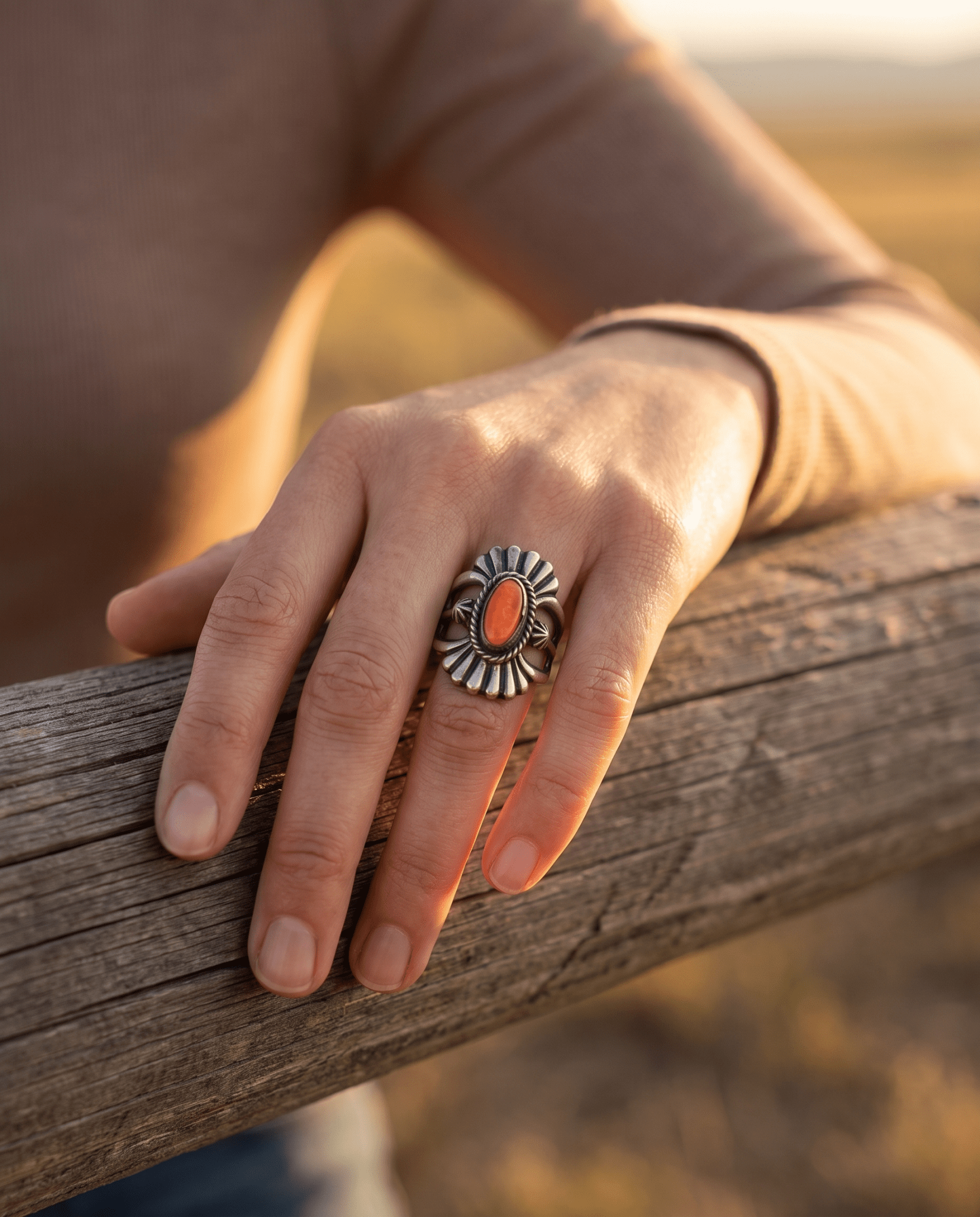 Victor Coriz Navajo Sandcast Sterling Silver Ring with Orange Spiny Oyster — Size 8.5 (Thunderbird) - Cowhide and Conchos