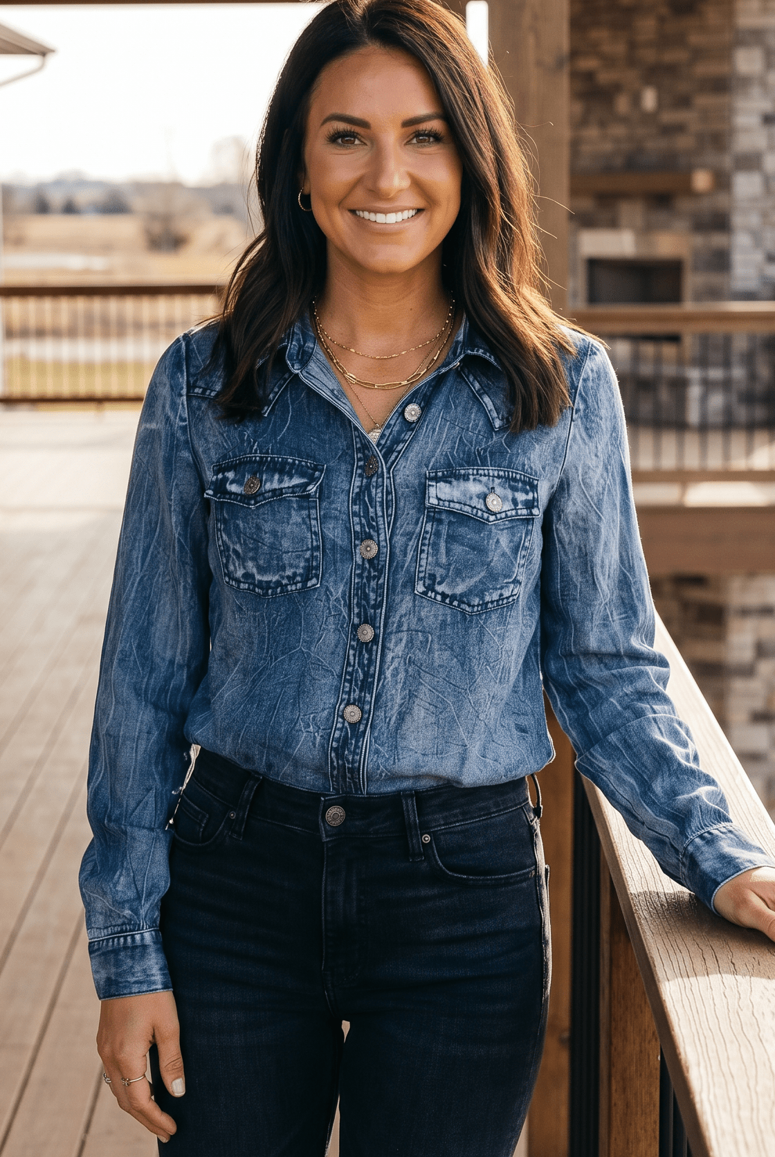 Vintage Blue Washed Western Denim Shirt – Concho Button Tencel Top - Cowhide and Conchos