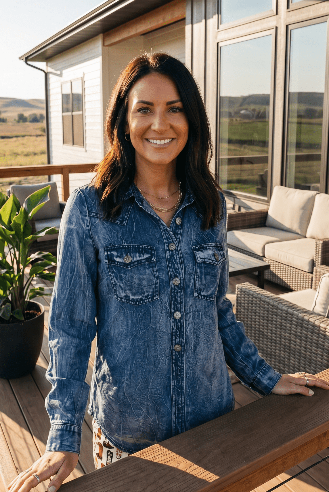 Vintage Blue Washed Western Denim Shirt – Concho Button Tencel Top - Cowhide and Conchos