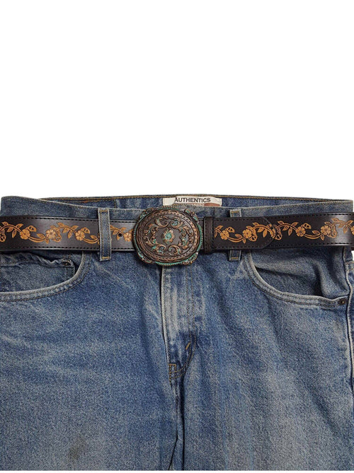 Vintage Brass Floral Buckle - Cowhide and Conchos
