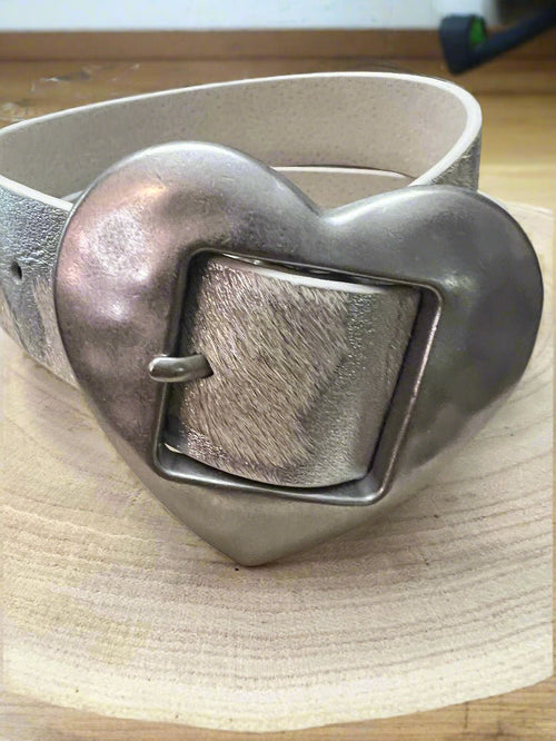 Vintage Love Heart Buckle w Cow Hair Leather Belt - Cowhide and Conchos