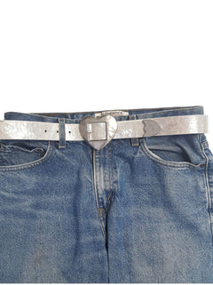 Vintage Love Heart Buckle w Cow Hair Leather Belt - Cowhide and Conchos