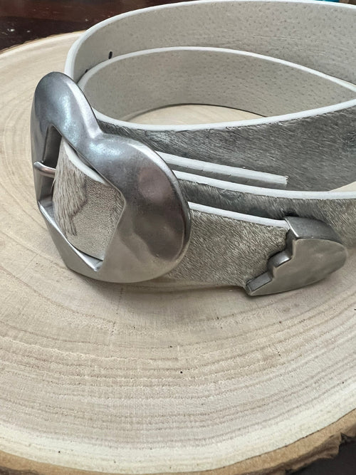 Vintage Love Heart Buckle w Cow Hair Leather Belt - Cowhide and Conchos