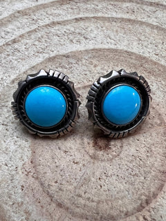 Vintage Old Pawn Native American Turquoise Post Earrings - Cowhide and Conchos