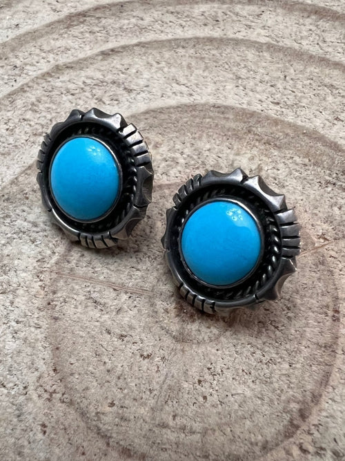 Vintage Old Pawn Native American Turquoise Post Earrings - Cowhide and Conchos