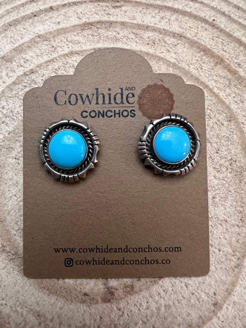 Vintage Old Pawn Native American Turquoise Post Earrings - Cowhide and Conchos