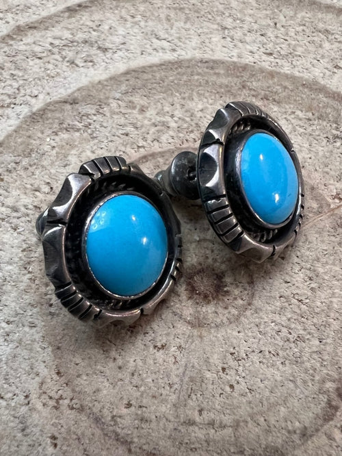 Vintage Old Pawn Native American Turquoise Post Earrings - Cowhide and Conchos