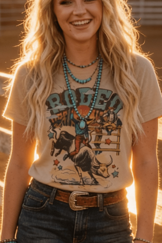 Vintage Rodeo Bull Rider Graphic Tee – Sand Unisex Western Shirt - Cowhide and Conchos