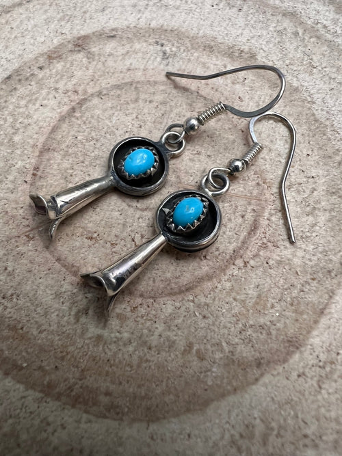Vintage Squash Blossom and Turquoise Earrings - 1 inch drop - Cowhide and Conchos