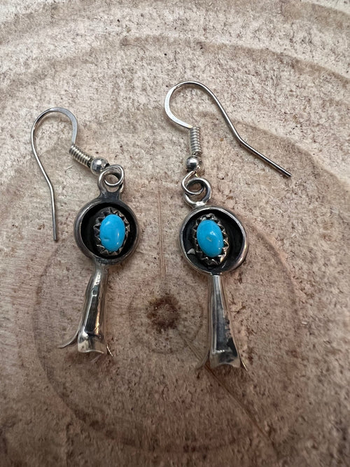Vintage Squash Blossom and Turquoise Earrings - 1 inch drop - Cowhide and Conchos
