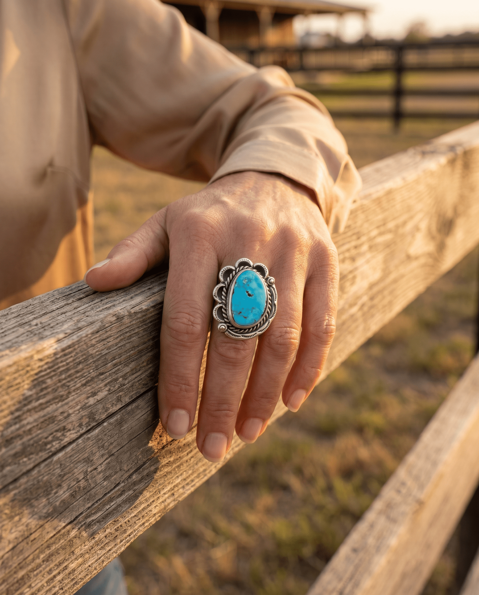 Vintage Sterling Silver Turquoise Ring — Blue Cabochon & Hand-Stamping, Size 7 (Native-Style) - Cowhide and Conchos