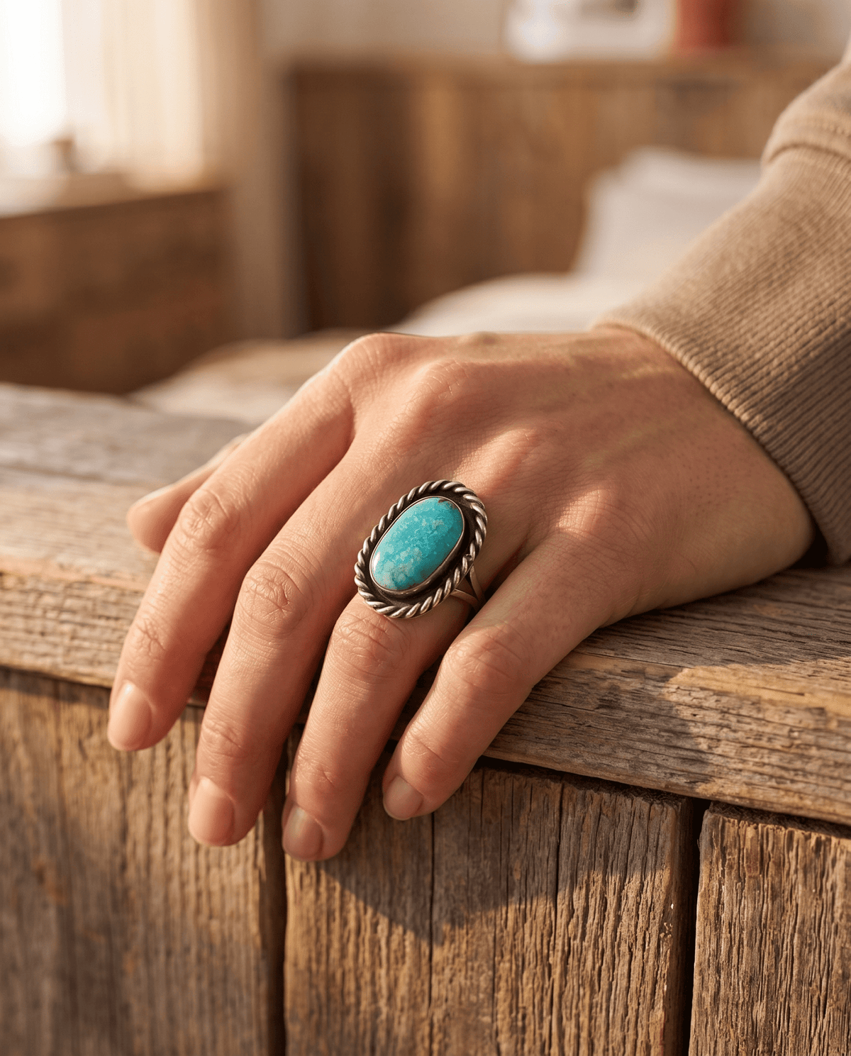 Vintage Sterling Silver Waterweb Blue Turquoise Cabochon Ring — Size 10.5 - Cowhide and Conchos
