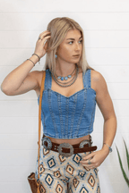 Washed Denim Bustier Top - Cowhide and Conchos