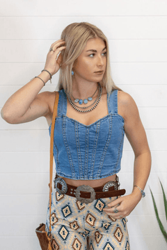 Washed Denim Bustier Top - Cowhide and Conchos