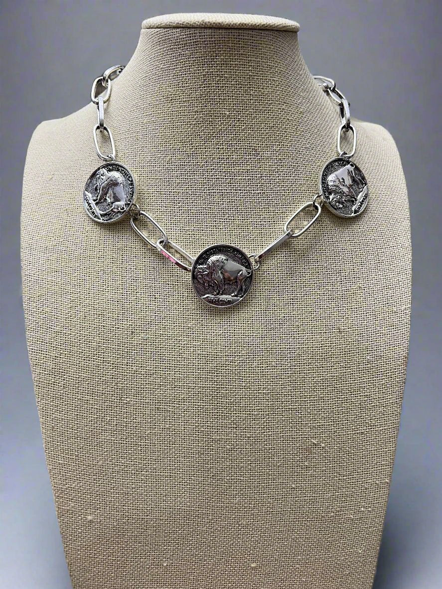 Western 3 Buffalo Coin Choker & Earring Set - 14 inch + 3 - Cowhide and Conchos