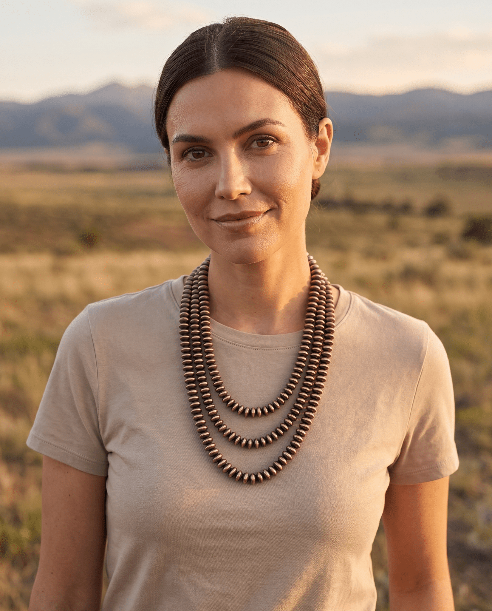 Western 3-Strand Faux Copper Saucer Necklace — Adjustable Layered Set - Cowhide and Conchos