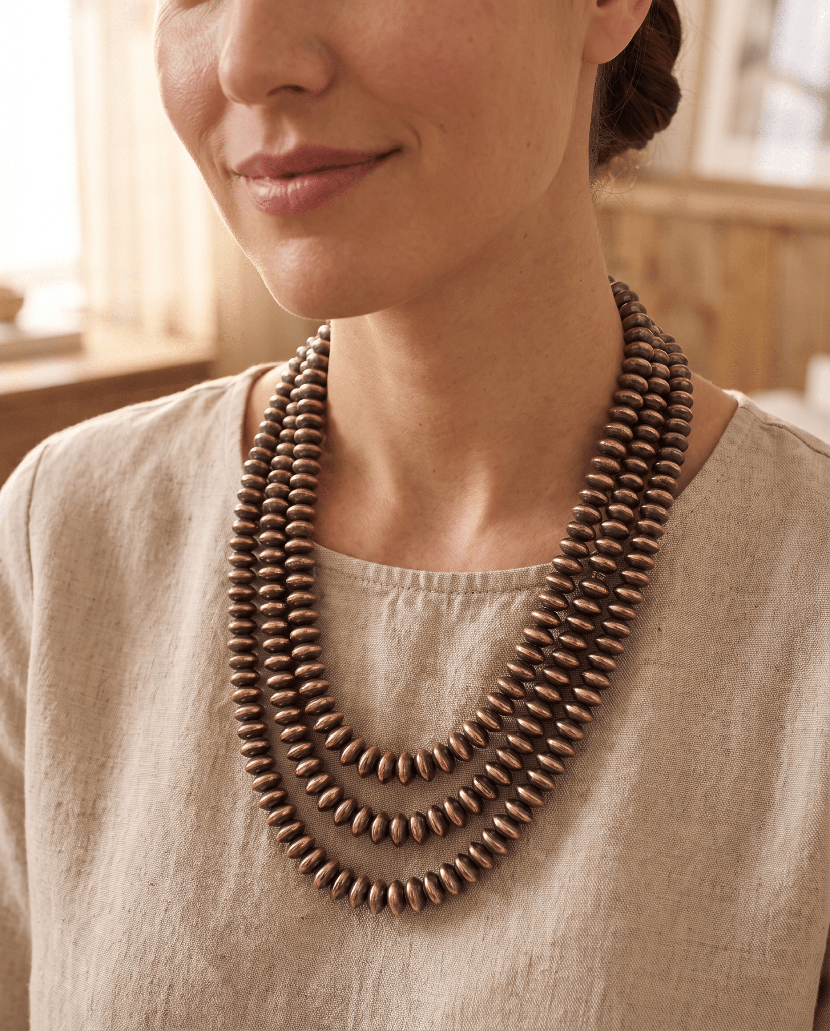 Western 3-Strand Faux Copper Saucer Necklace — Adjustable Layered Set - Cowhide and Conchos