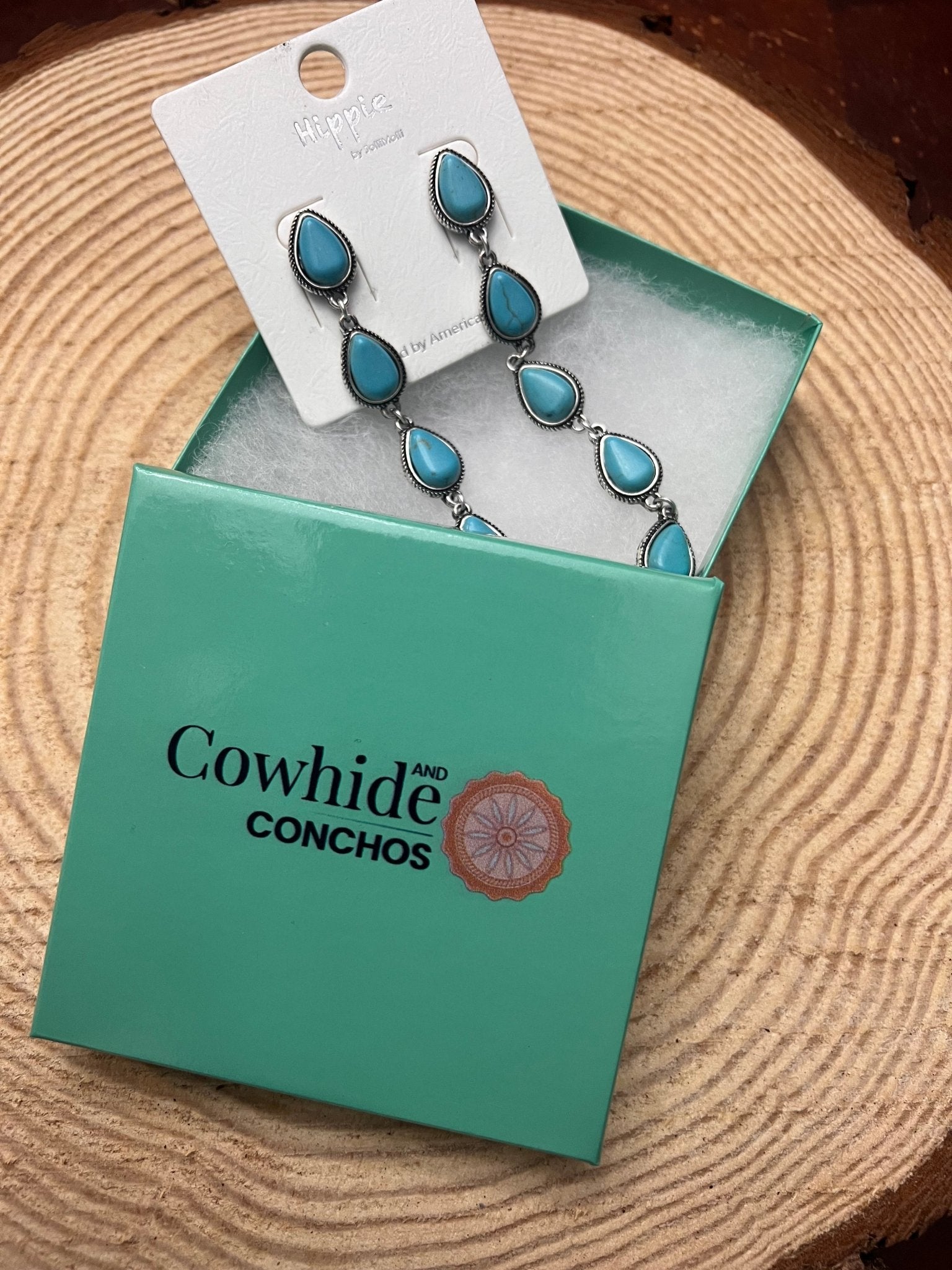 Western 5 Teardrop Shape Faux Turquoise Dangle Earrings - 3 1/2 inch drop - Cowhide and Conchos