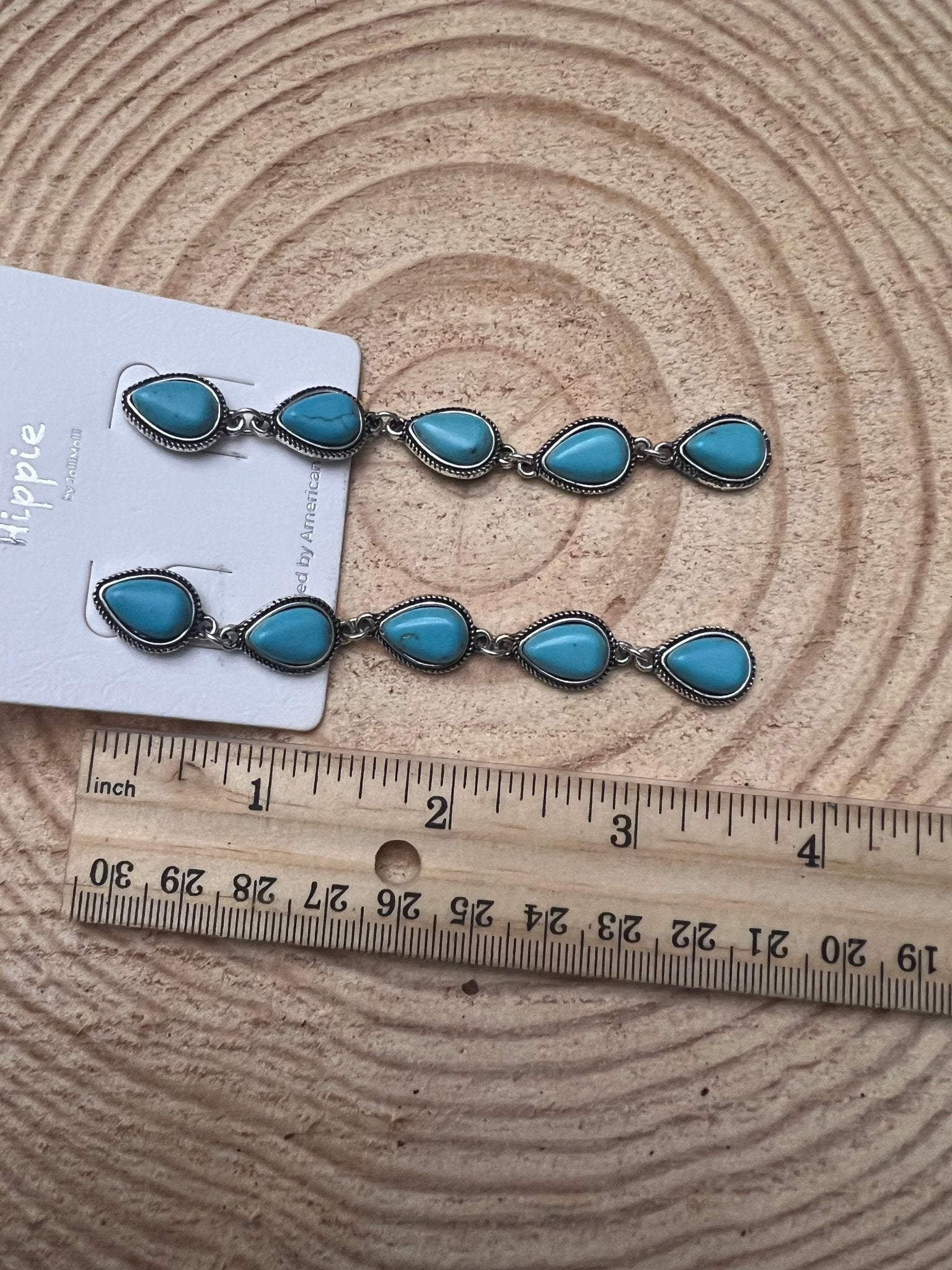 Western 5 Teardrop Shape Faux Turquoise Dangle Earrings - 3 1/2 inch drop - Cowhide and Conchos
