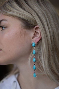 Western 5 Teardrop Shape Faux Turquoise Dangle Earrings - 3 1/2 inch drop - Cowhide and Conchos