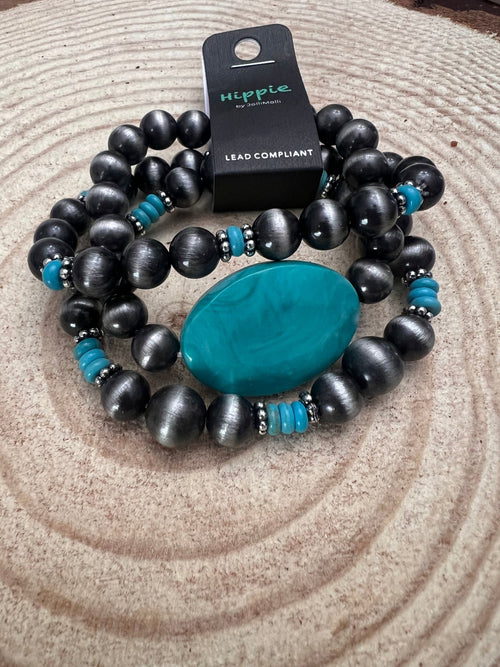 Western Agate 3 for 1 Bracelet Set - Cowhide and Conchos