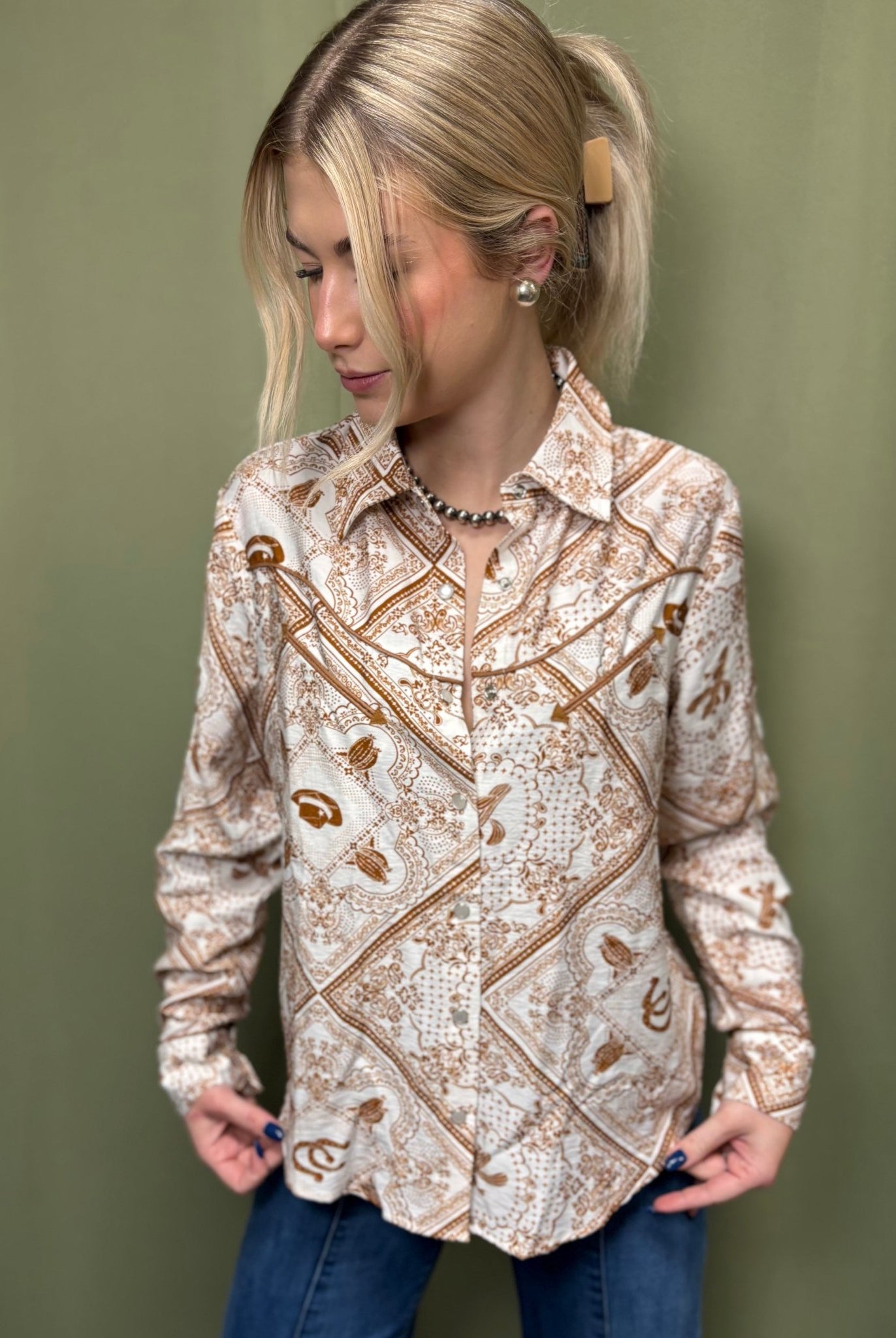Western Bandana Button - Up Shirt - Cowhide and Conchos
