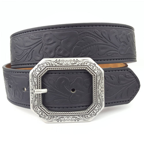 Western Belt and Etched Buckle embossed in Big floral pattern - Cowhide and Conchos