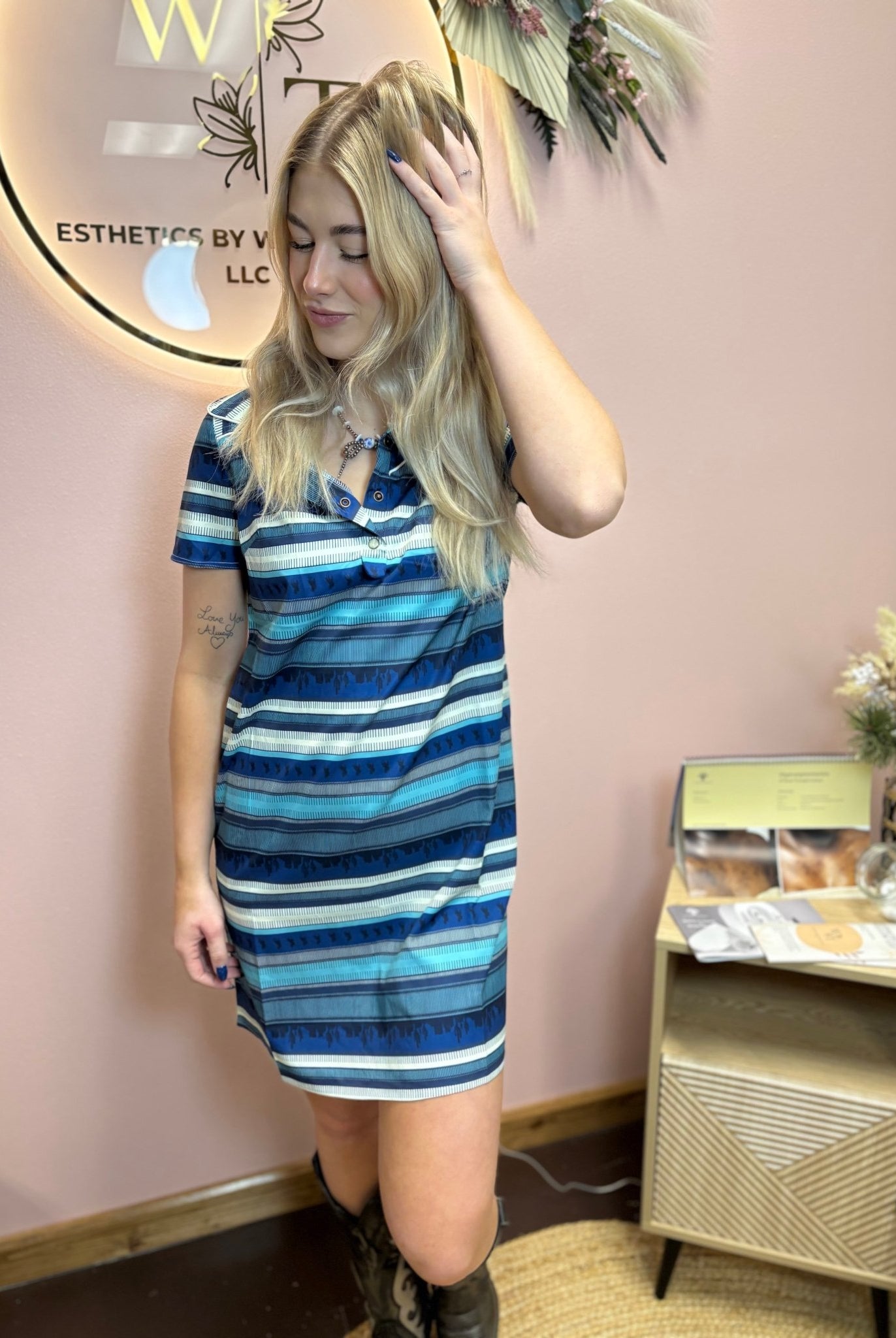 Western Blue Serape Printed Collared Dress W Pockets - Cowhide and Conchos