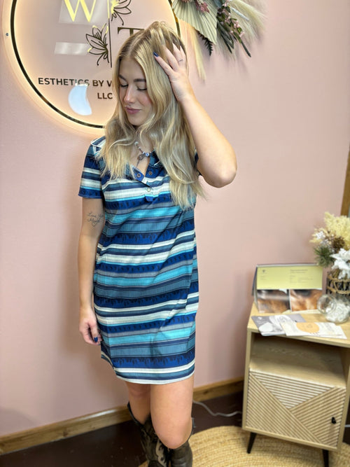 Western Blue Serape Printed Collared Dress W Pockets - Cowhide and Conchos