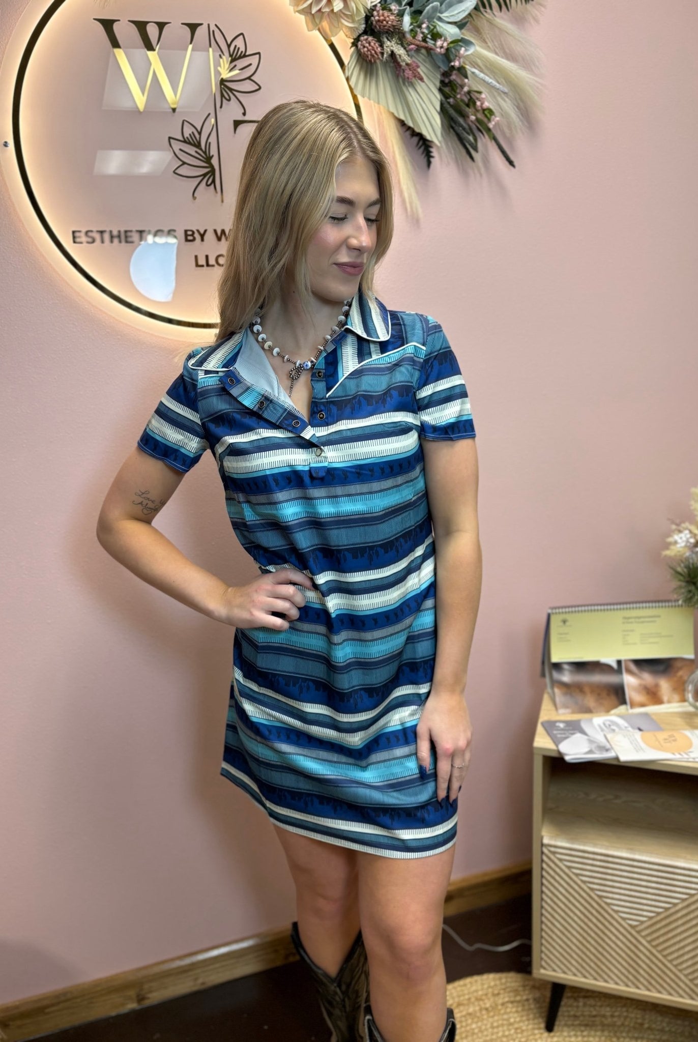Western Blue Serape Printed Collared Dress W Pockets - Cowhide and Conchos