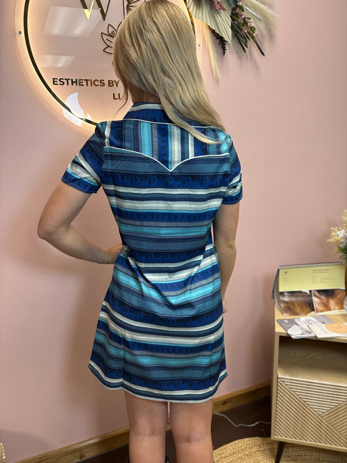 Western Blue Serape Printed Collared Dress W Pockets - Cowhide and Conchos