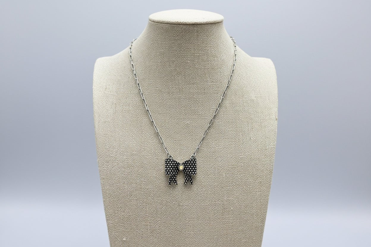 Western Bow Design & Rhinestone Ribbon Necklace - 18 Inch + 3 - Cowhide and Conchos