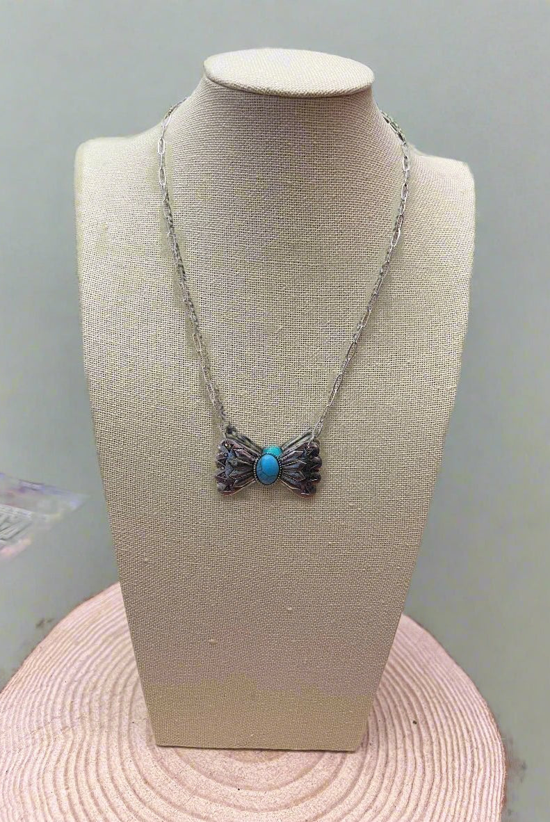 Western Bowtie and Faux Turquoise Necklace - 18 inch + 3 - Cowhide and Conchos