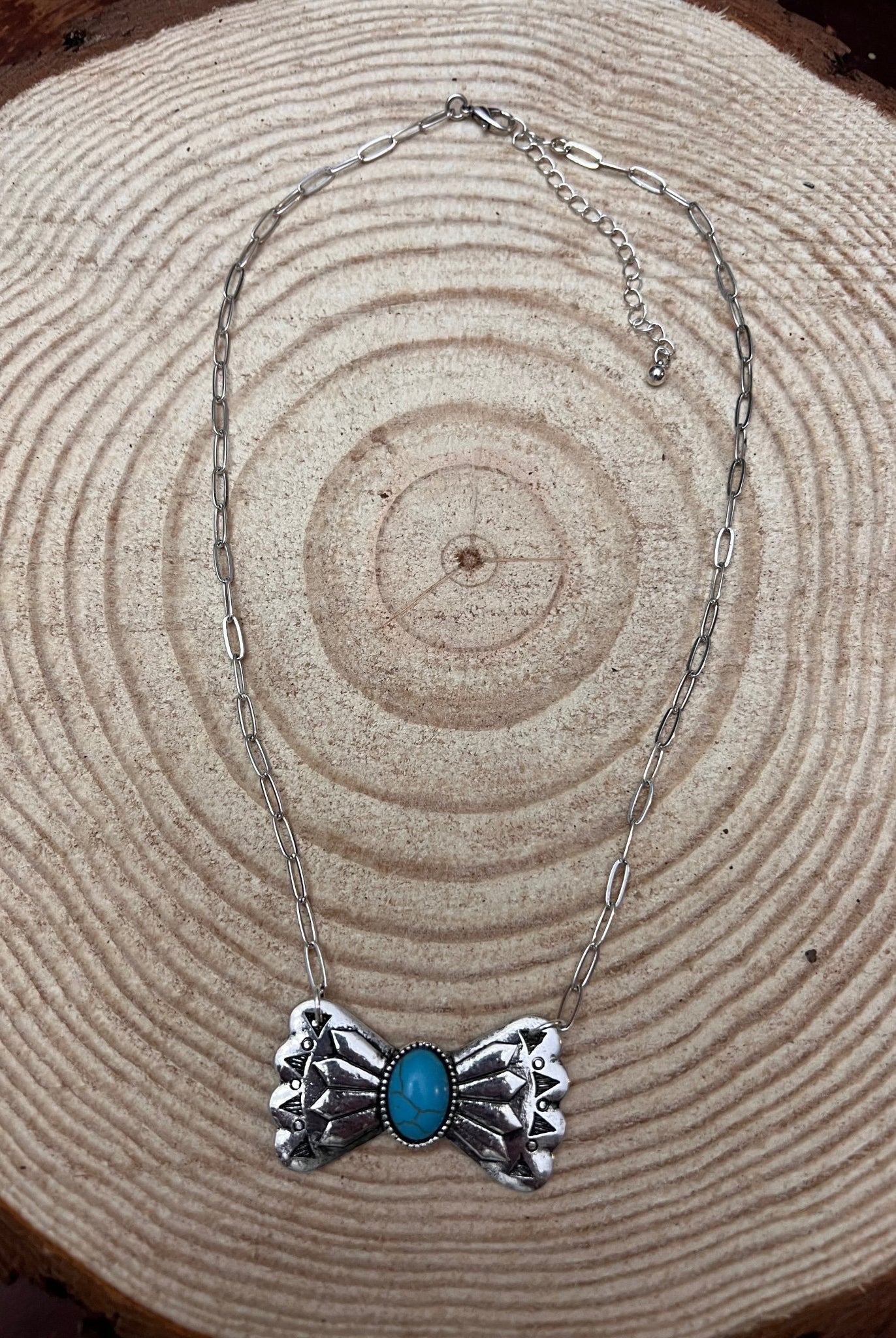 Western Bowtie and Faux Turquoise Necklace - 18 inch + 3 - Cowhide and Conchos